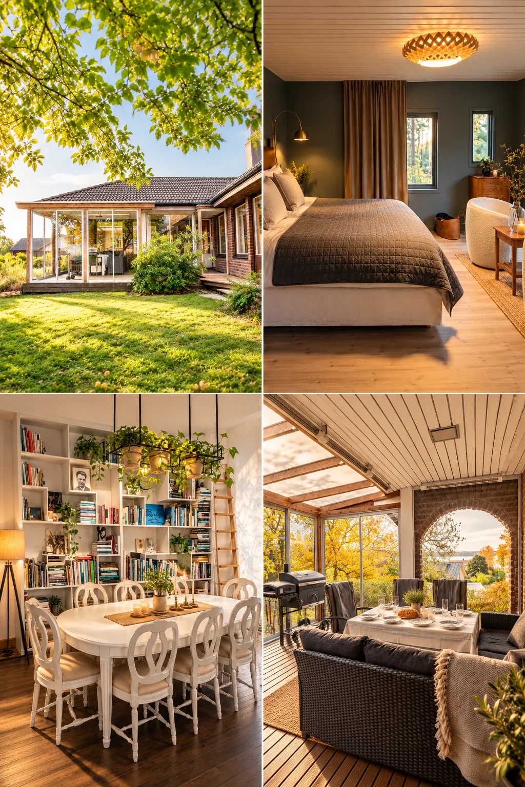 Fyra bilder av en skandinavisk bostad: hus och trädgård, sovrum, matsal och inglasad veranda.