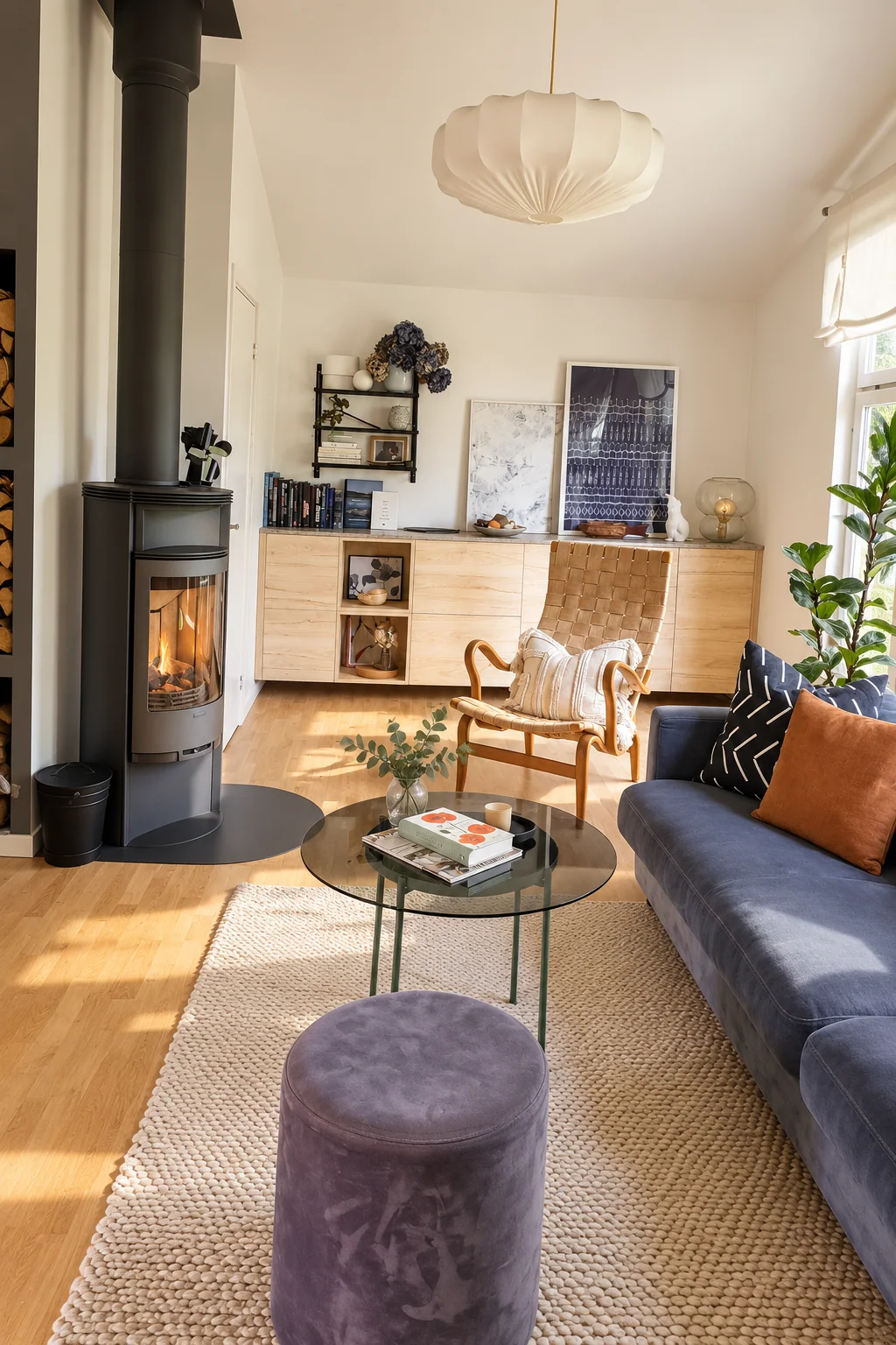 Vardagsrum med kamin, blå soffa, fåtölj och soffbord i glas