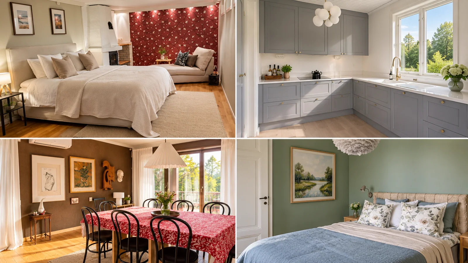 Fyra välkomnande bostadsmiljöer med sovrum, kök och matplats.