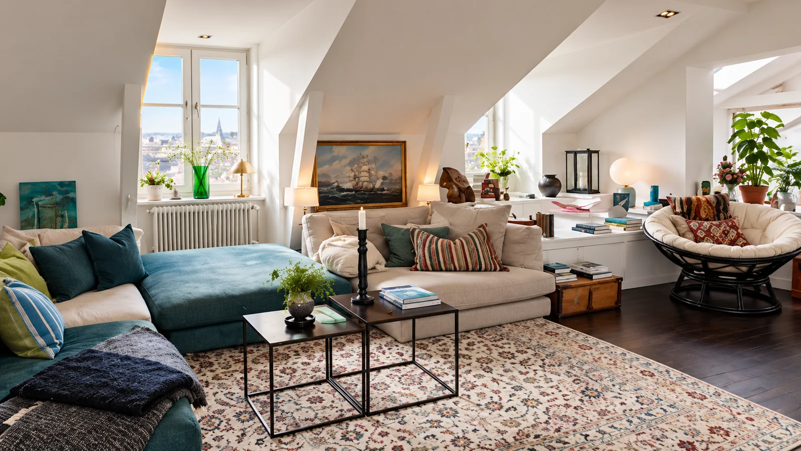 Ljust och välordnat vardagsrum med soffa och utsikt mot grönska